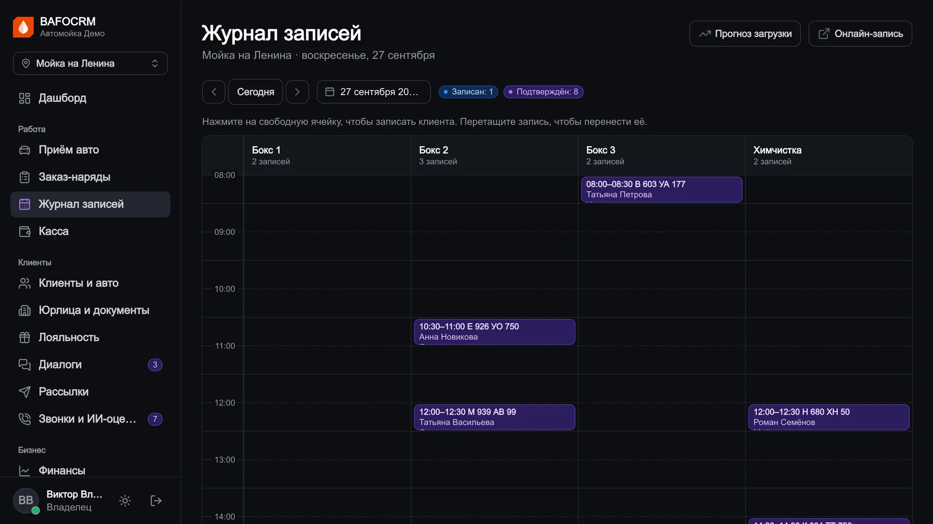 Журнал записей мойки по боксам на день